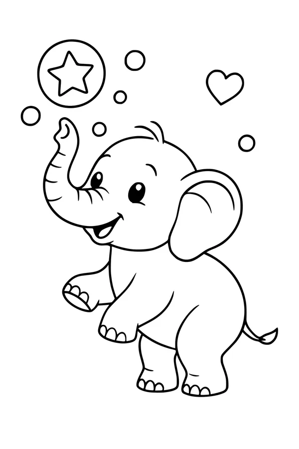 Free Elephant Coloring Page - Smiling Baby with Bubbles and Stars (Printable PDF)