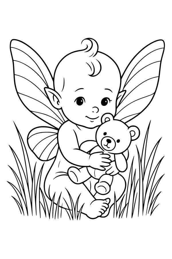 Free Baby Fairy Coloring Page - Boy Hugging Teddy in Tall Grass (Printable PDF)