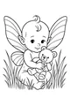 Free Baby Fairy Coloring Page - Boy Hugging Teddy in Tall Grass (Printable PDF)
