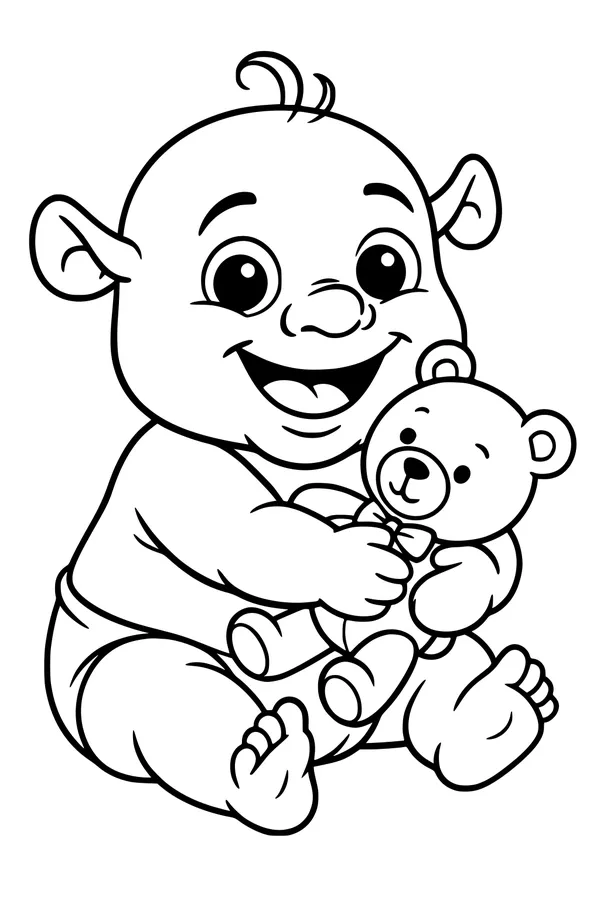 Free Baby Ogre Coloring Page - Hugging a Teddy Bear (Printable PDF)