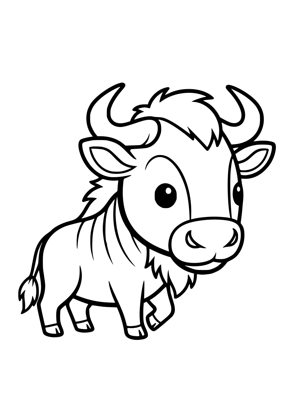 Cartoon baby wildebeest with curved horns, big eyes, shaggy mane and tufted tail, outlined in black on a plain white background.