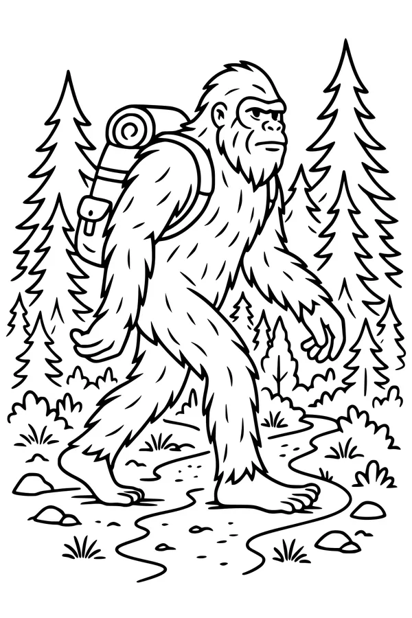 Free Bigfoot Coloring Page - Yeti Hiking With Backpack in Forest (Printable PDF)