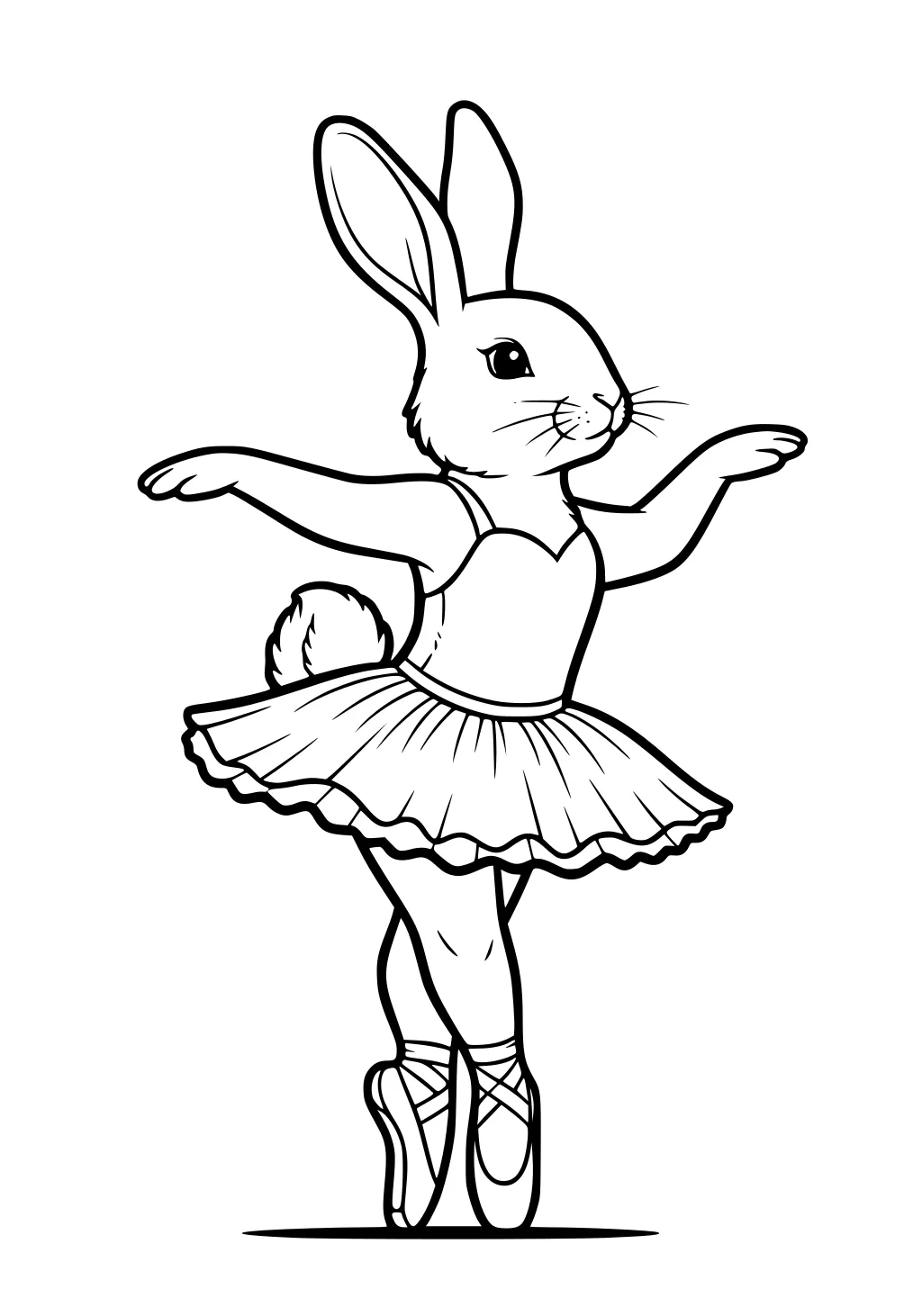 Rabbit girl in ballet tutu and pointe shoes stands on one foot with arms outstretched in a dance pose.