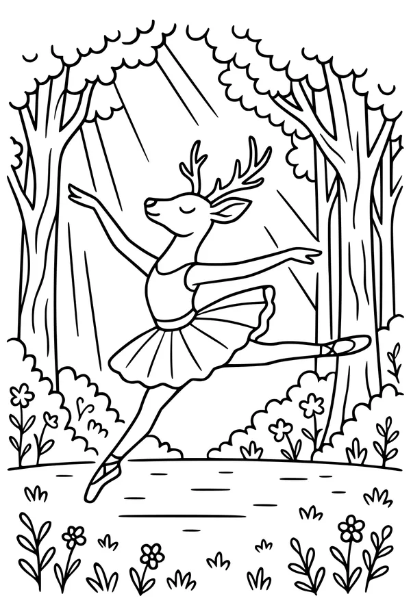 Free Deer Coloring Page - Ballerina Fawn in Sunlit Forest (Printable PDF)