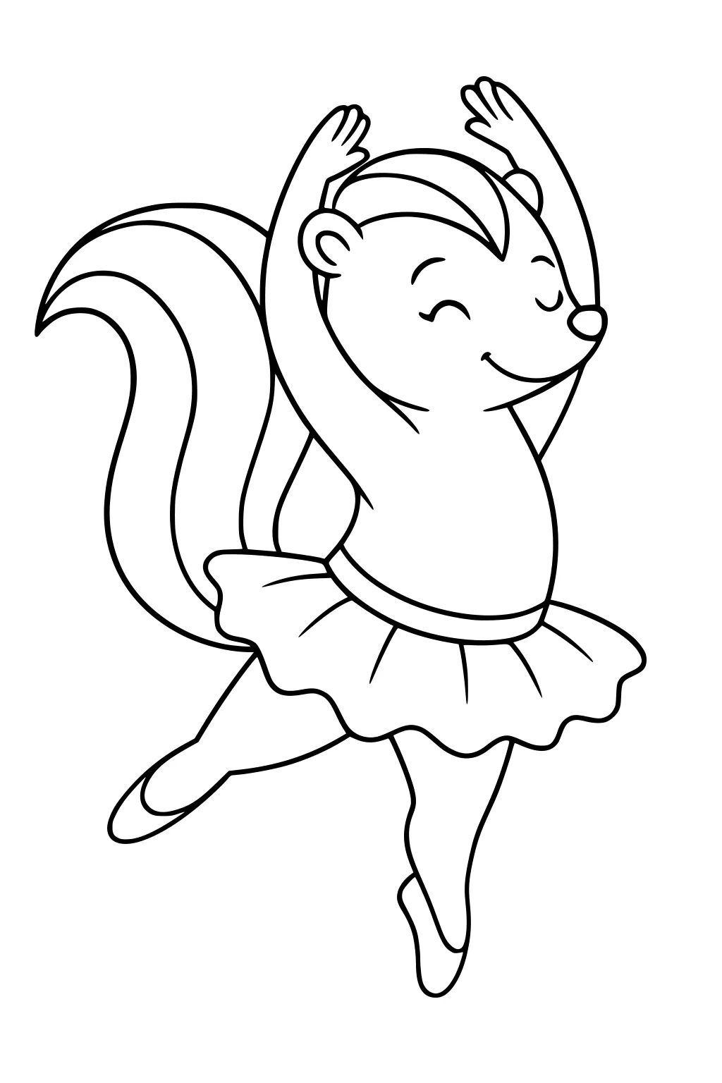 Ballerina skunk with a tutu, arms up, dancing on one foot, fluffy striped tail spread behind her, smiling face.