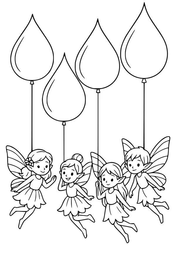 Free Fairy Friends Coloring Page - Flying With Teardrop Balloons (Printable PDF)