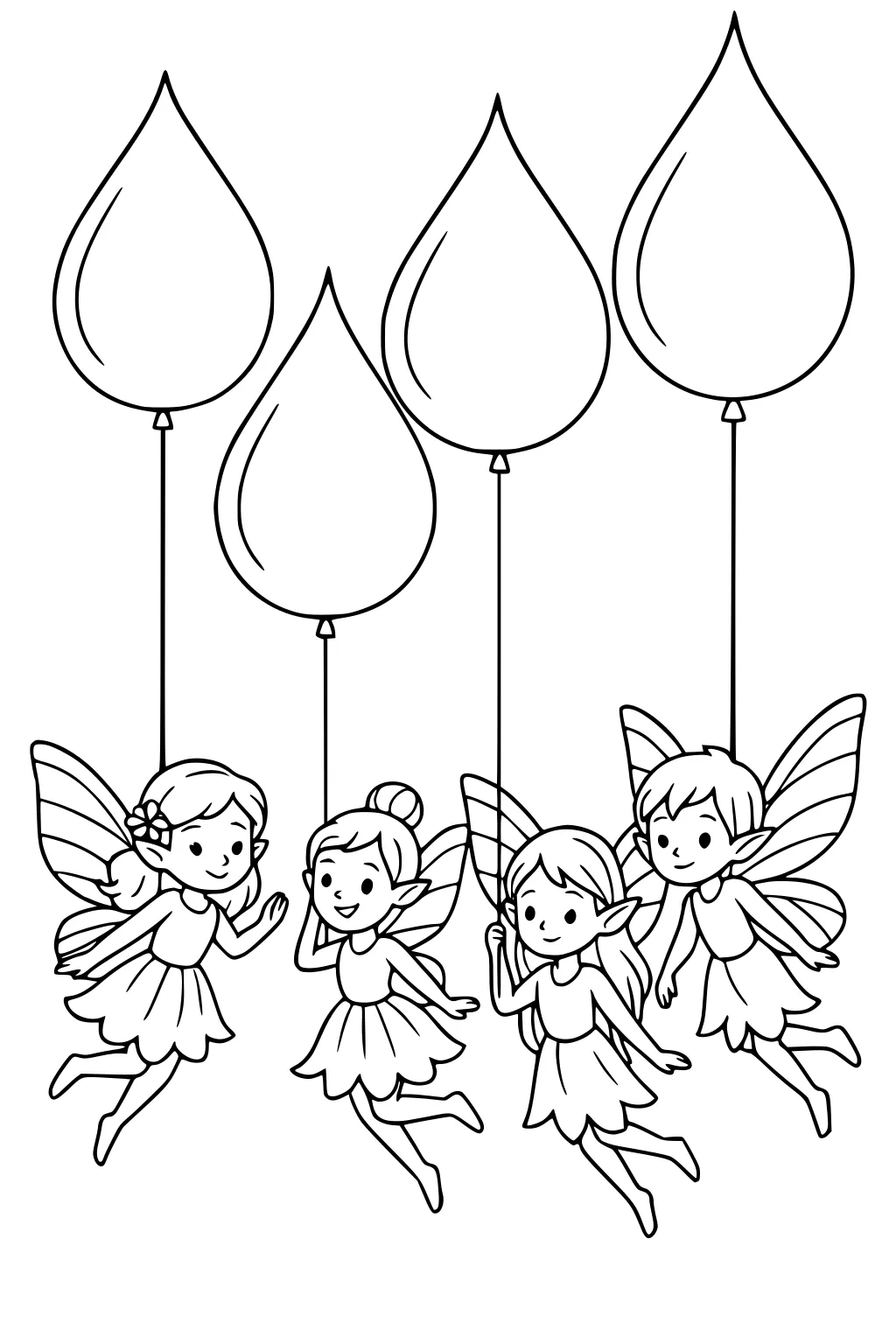 Four fairies, three girls and one boy, fly holding teardrop balloons, wearing petal dresses and striped wings.
