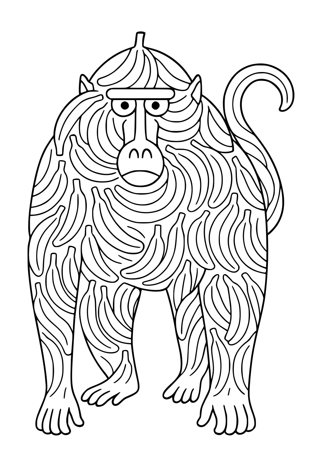 Cartoon baboon with banana patterns covering its body, standing on all fours and looking forward.