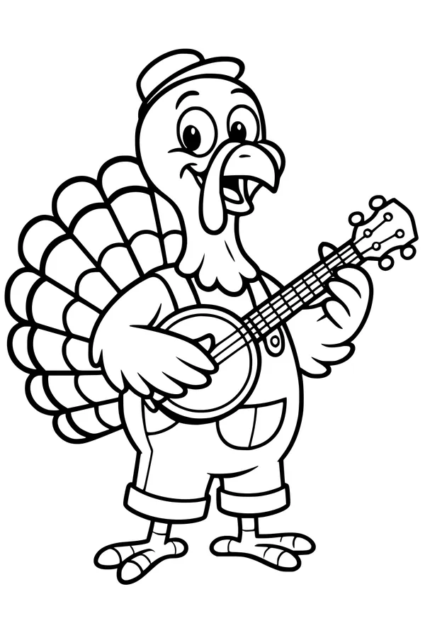 Free Thanksgiving Turkey Coloring Page - Cartoon Banjo Player (Printable PDF)
