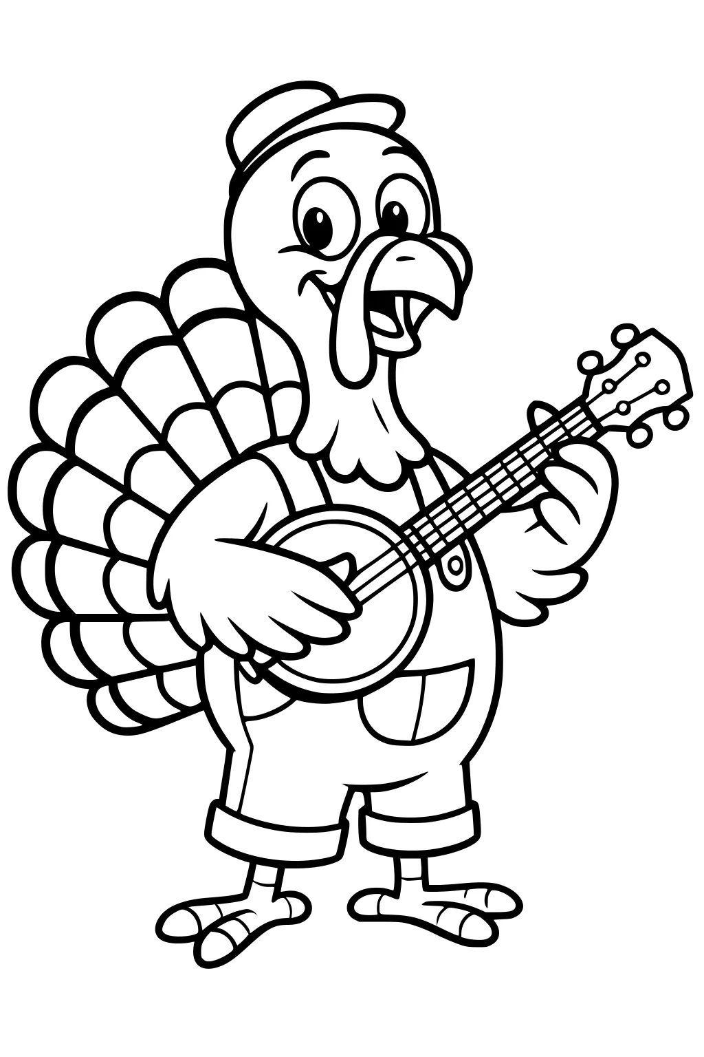 Cartoon turkey in a small hat and overalls strums a banjo, tail feathers fanned wide, beak open in a happy song.