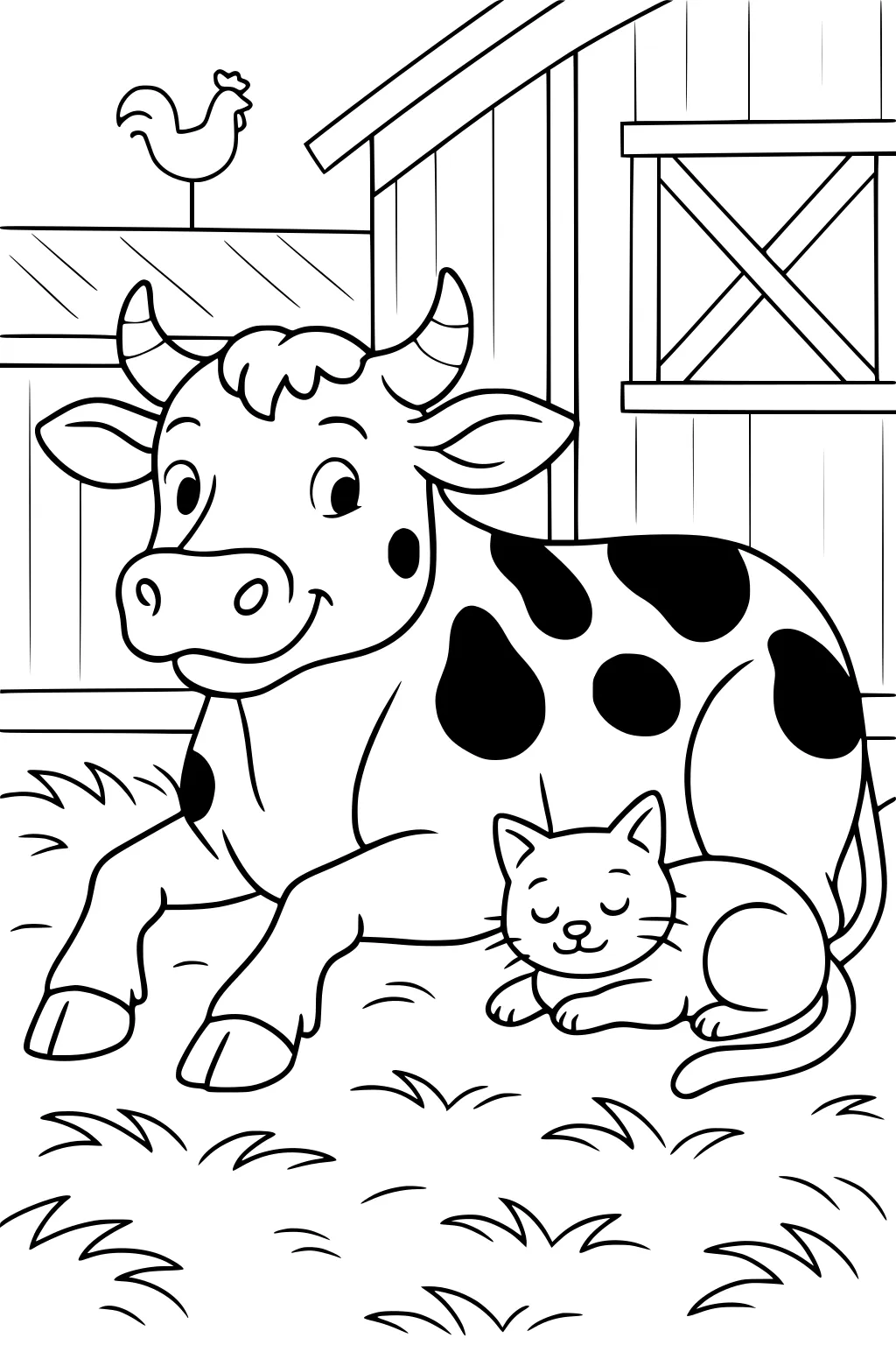 Cow with black spots lying on grass beside a sleeping cat, barn in background with rooster weathervane.