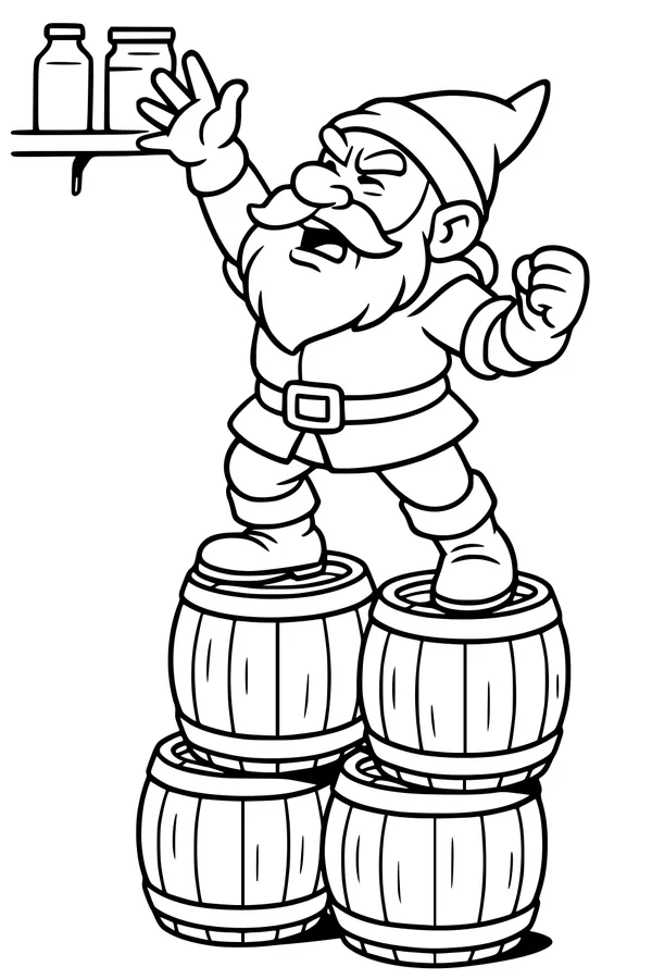 Free Dwarf Coloring Page - Bearded Barrel Top Shelf Reach (Printable PDF)