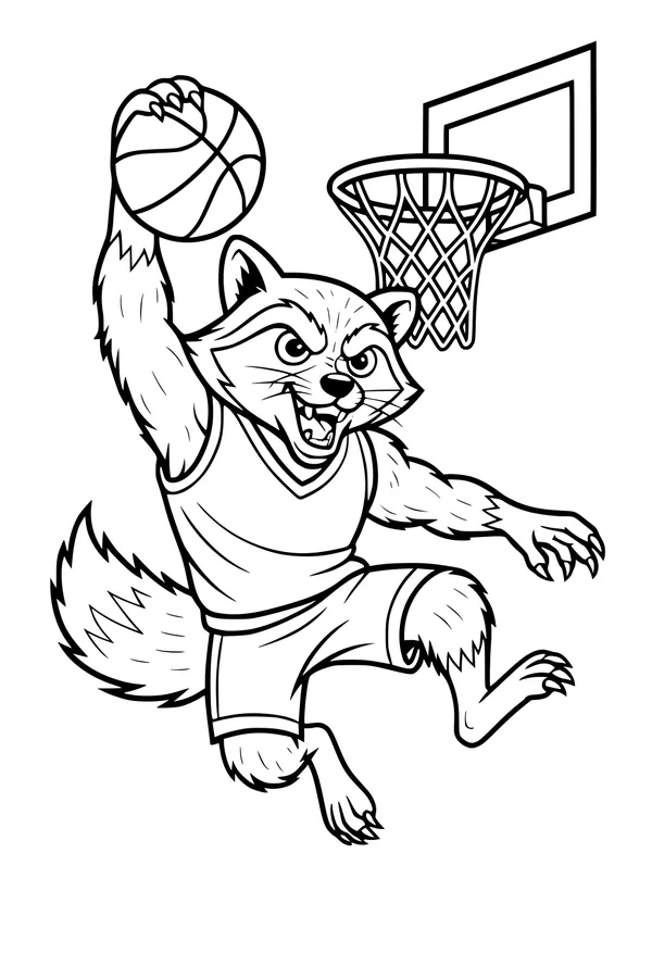 Free Raccoon Coloring Page - Slam Dunk Basketball Action (Printable PDF)