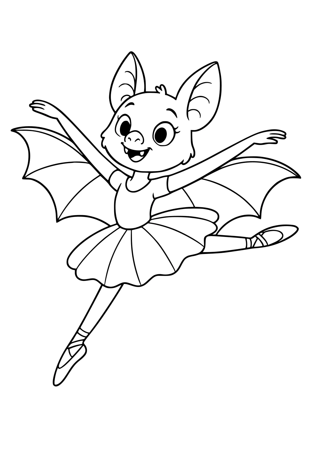 Ballet bat girl in tutu and slippers leaps with wings open and a big smile, arms wide, ears up, ready to dance.