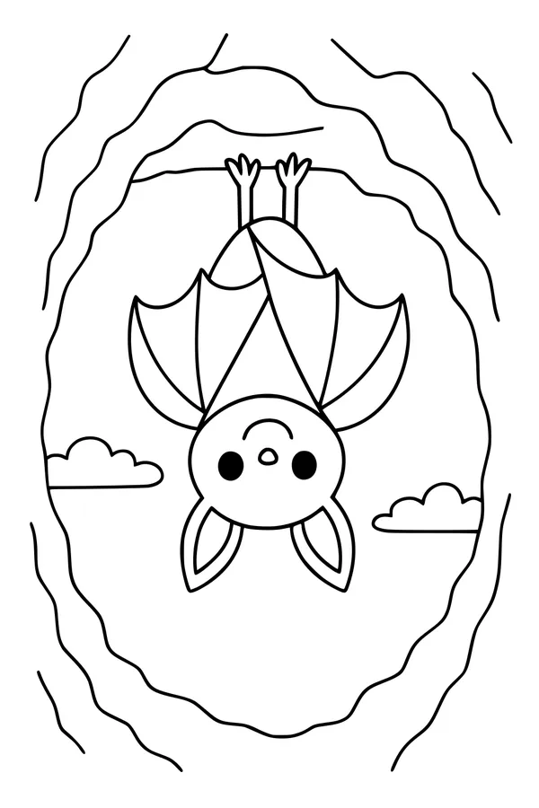 Free Bat Coloring Page - Sleepy Cartoon Bat in Cave (Printable PDF)