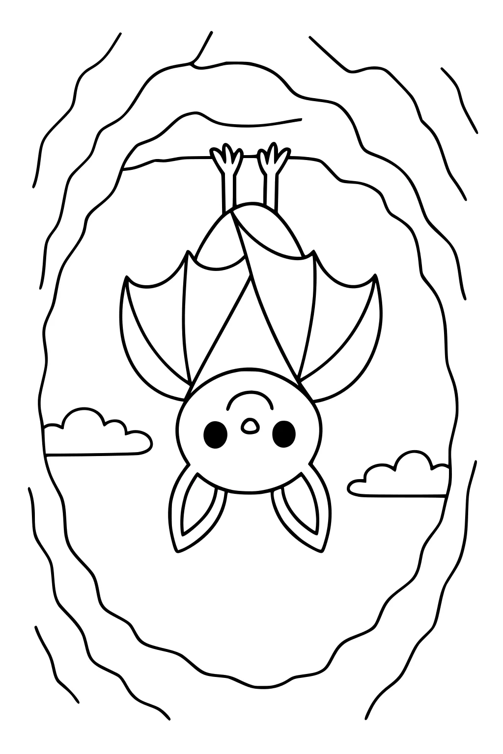 Cartoon bat hanging upside down in a cave with wide ears, wrapped wings, and clouds behind cave walls.
