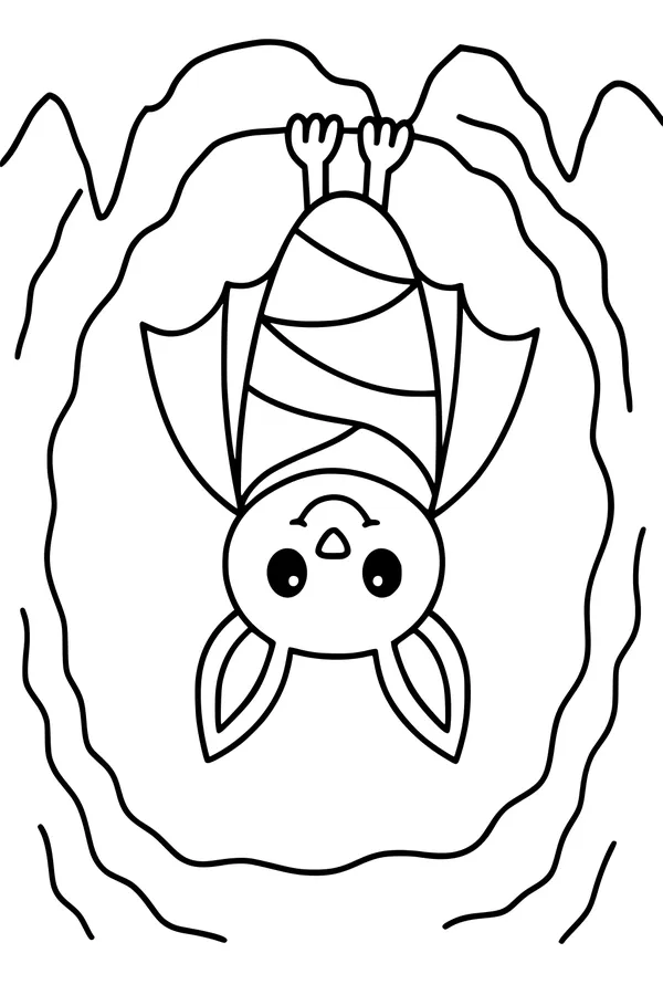 Free Bat Coloring Page - Cute Cartoon Bat Hanging in Cave (Printable PDF)