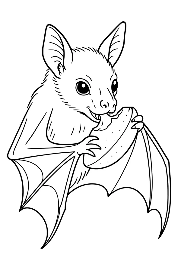 Free Bat Coloring Page - Cute Bat Eating Fruit at Night (Printable PDF)
