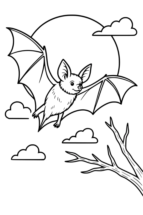 Free Bat Coloring Page - Smiling Bat in Moonlit Sky (Printable PDF)