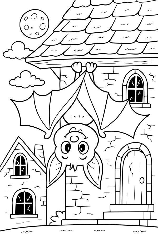 Free Bat Coloring Page - Upside-Down Bat at Moonlit Mansion (Printable PDF)