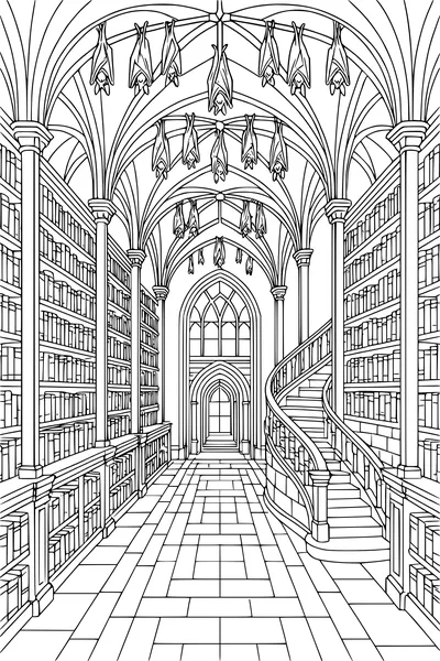 Free Bats Halloween Coloring Page - Spooky Gothic Library Interior (Printable PDF)