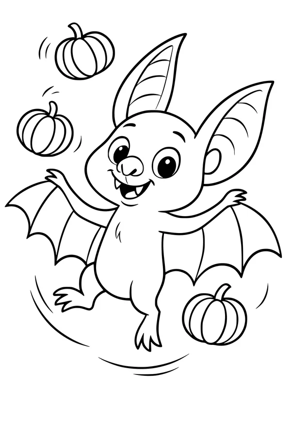 Free Bat Coloring Page - Cute Cartoon Bat With Pumpkins (Printable PDF)