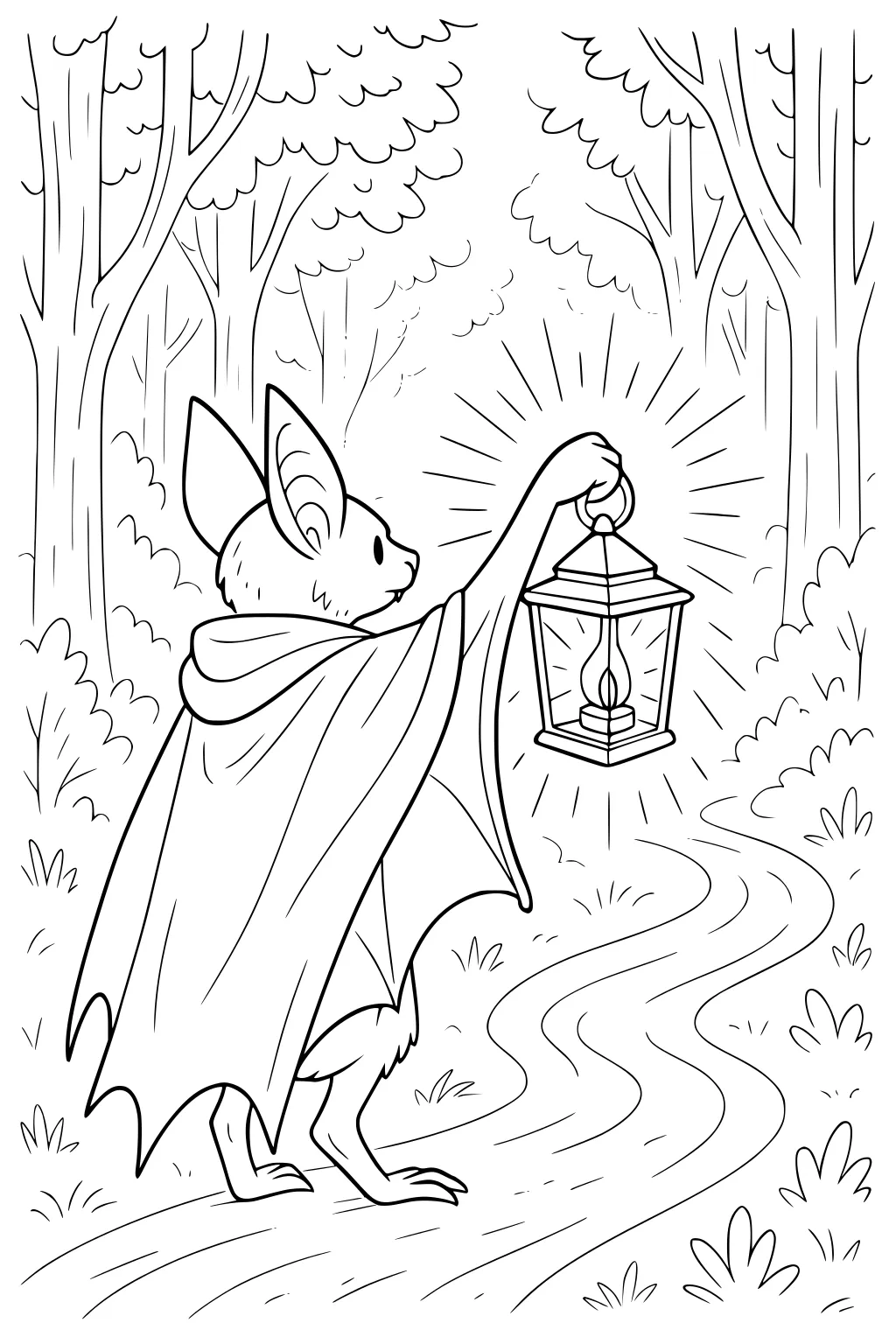 Bat in cape holding lantern walking on winding forest path with trees and bushes on both sides.