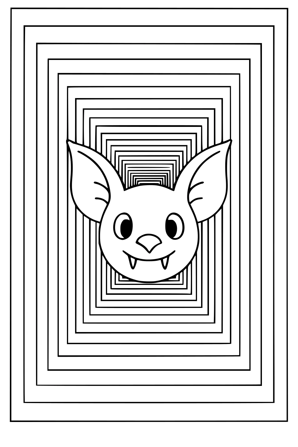 Cartoon bat face with big ears and fangs in front of layered square tunnel background.