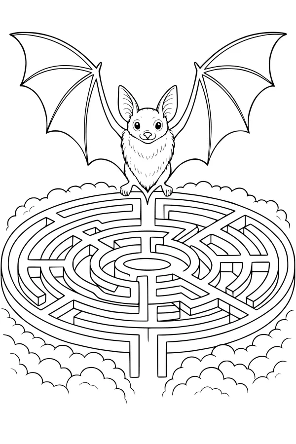 Free Bat Coloring Page - Cartoon Bat Guarding Cloud Maze (Printable PDF)