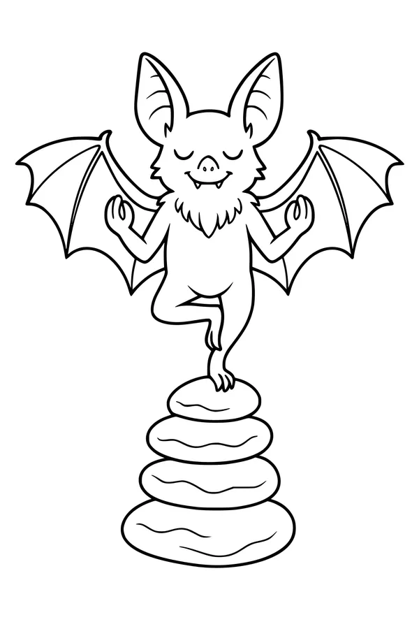 Free Bat Coloring Page - Peaceful Bat Balancing on Stones (Printable PDF)