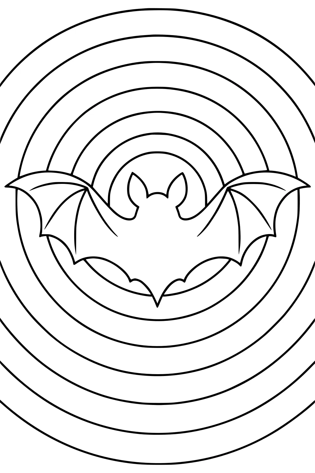 Silhouette of a bat with spread wings in front of wide concentric circles.