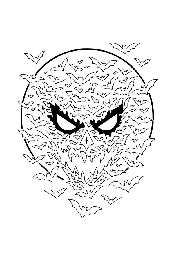 Free Halloween Bats Moon Coloring Page - Spooky Face in Night Sky (Printable PDF)