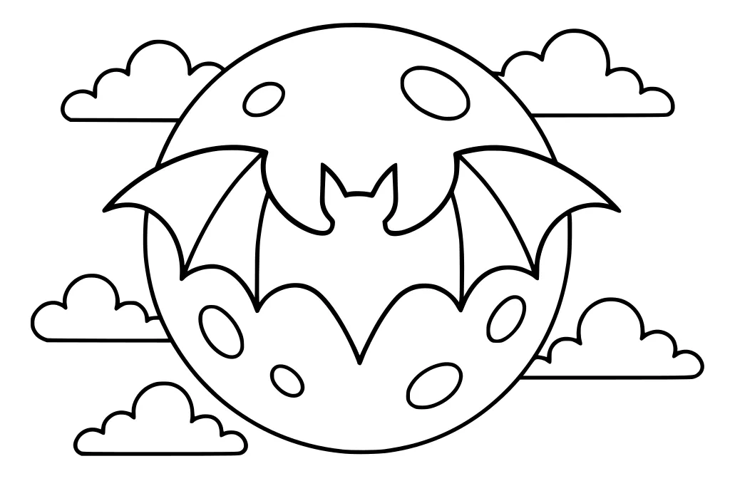 Bat silhouette with open wings in front of a large spotted moon and surrounded by four fluffy clouds.