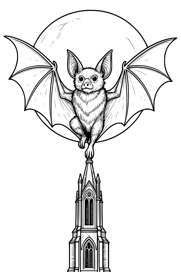 Free Bat Coloring Page - Moonlit Bat on Gothic Tower (Printable PDF)