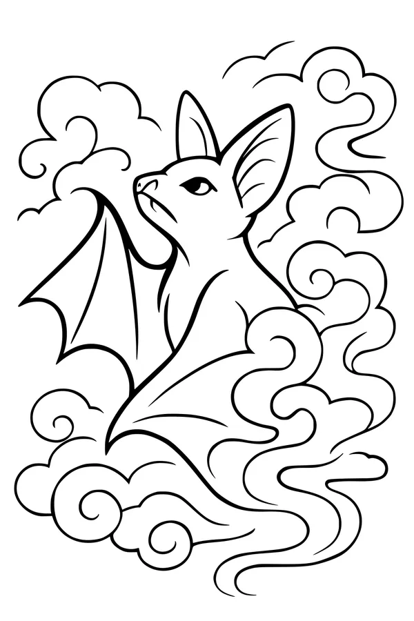 Free Bat Coloring Page - Swirly Night Sky Scene (Printable PDF)
