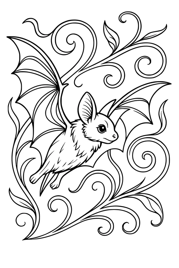 Free Bat Coloring Page - Night Flier in Swirly Garden (Printable PDF)