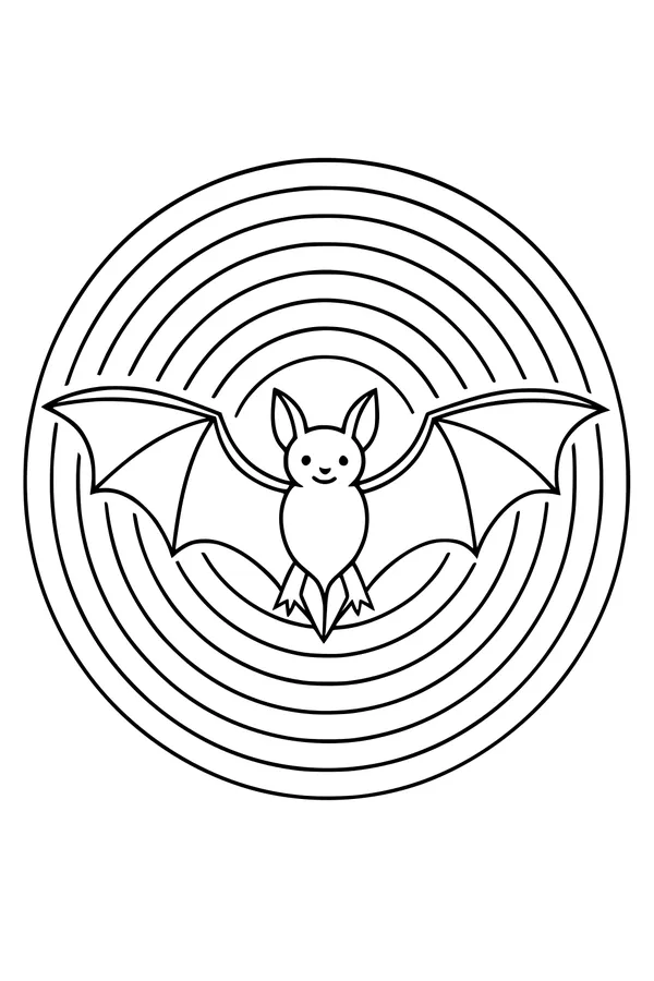 Free Bat Coloring Page - Smiling Bat With Concentric Circles (Printable PDF)