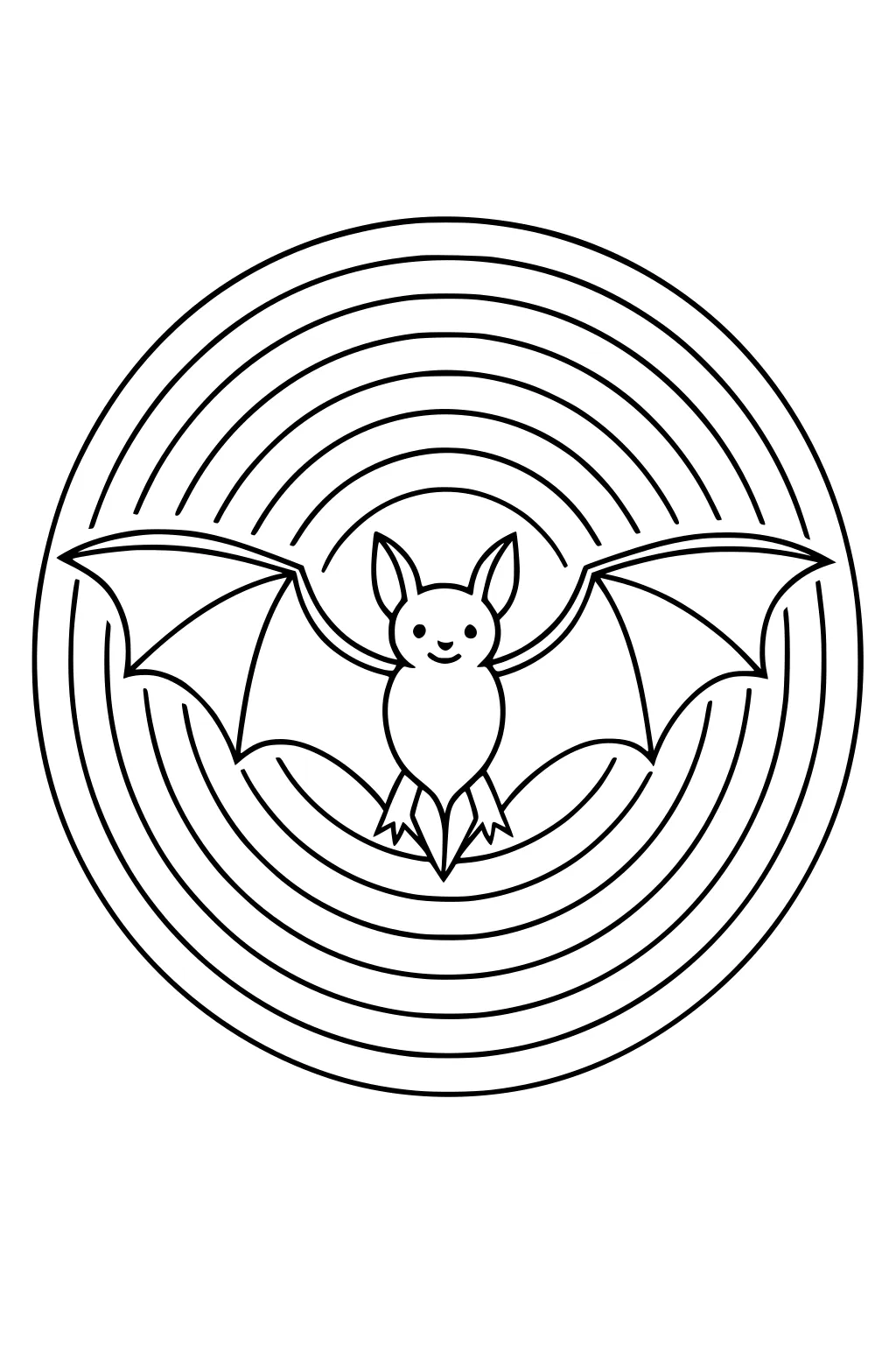 Happy cartoon bat with wide wings flying in the center of round concentric circles.