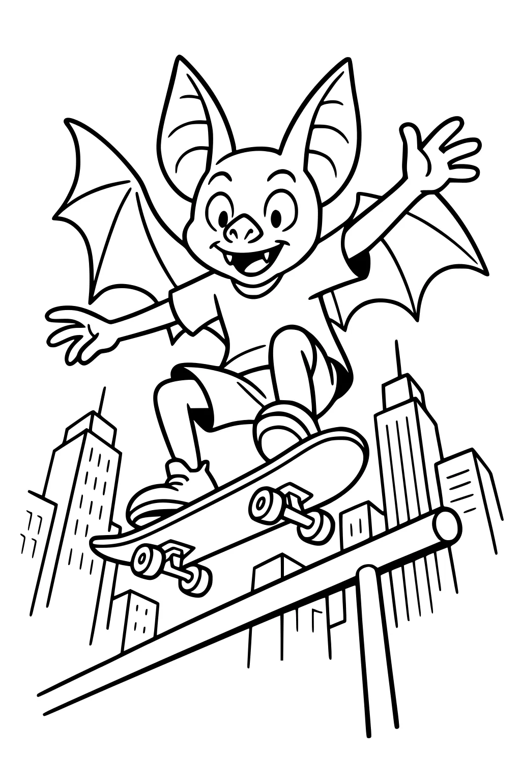 Cartoon bat boy skateboarding on a rail through a city with tall buildings in the background.