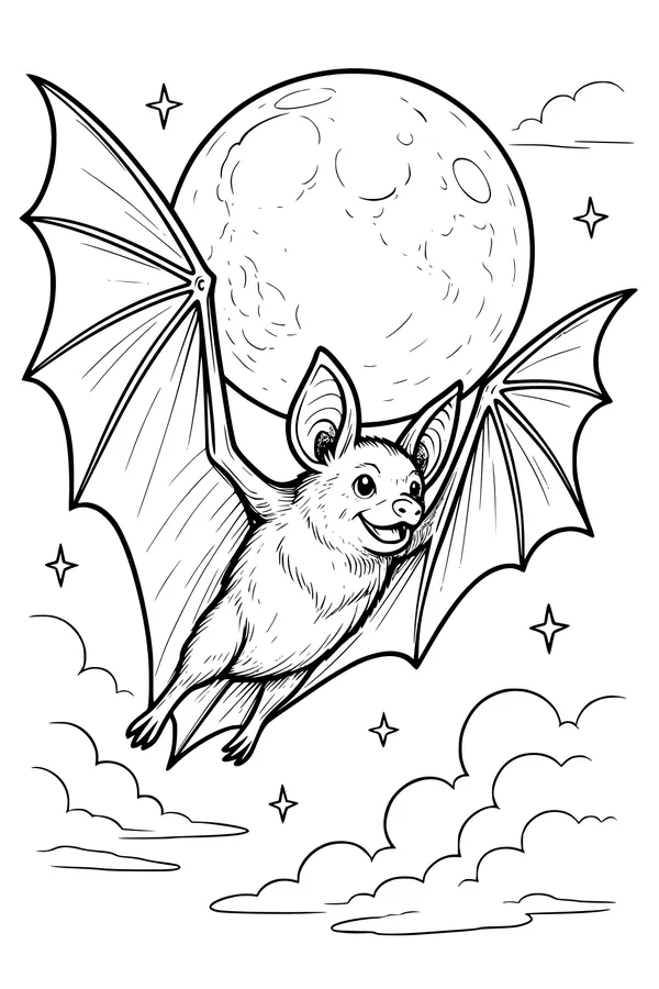 Free Bat Coloring Page - Smiling Bat Flying Before Full Moon (Printable PDF)