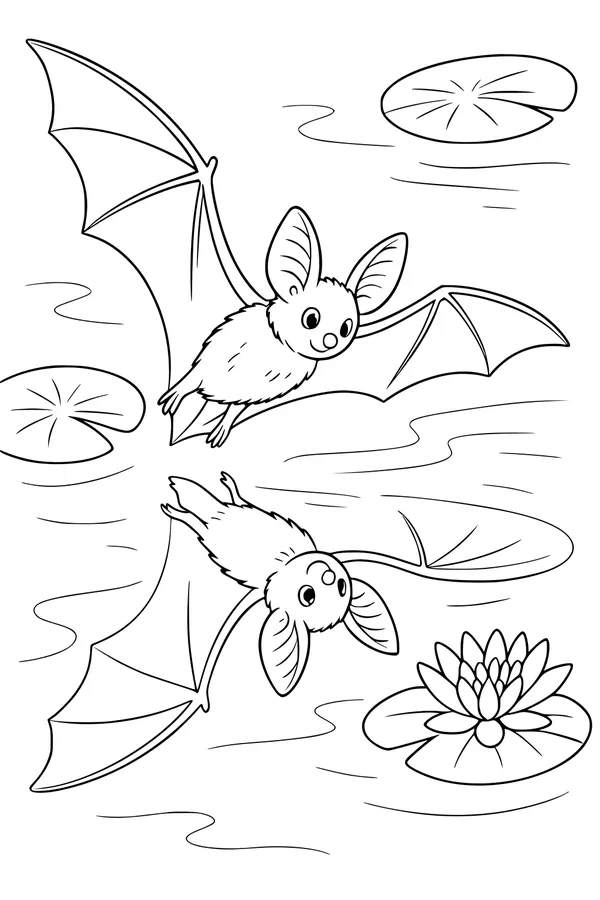 Free Bat Coloring Page - Bat Brothers Flying Over Lily Pond (Printable PDF)