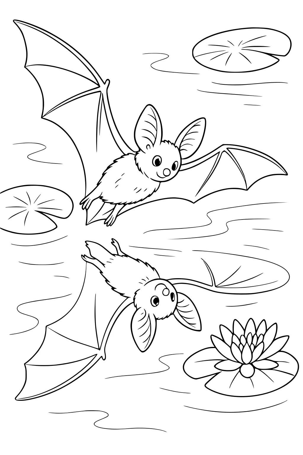 Two cartoon bats with big ears fly over a pond with lily pads and a blooming water lily.
