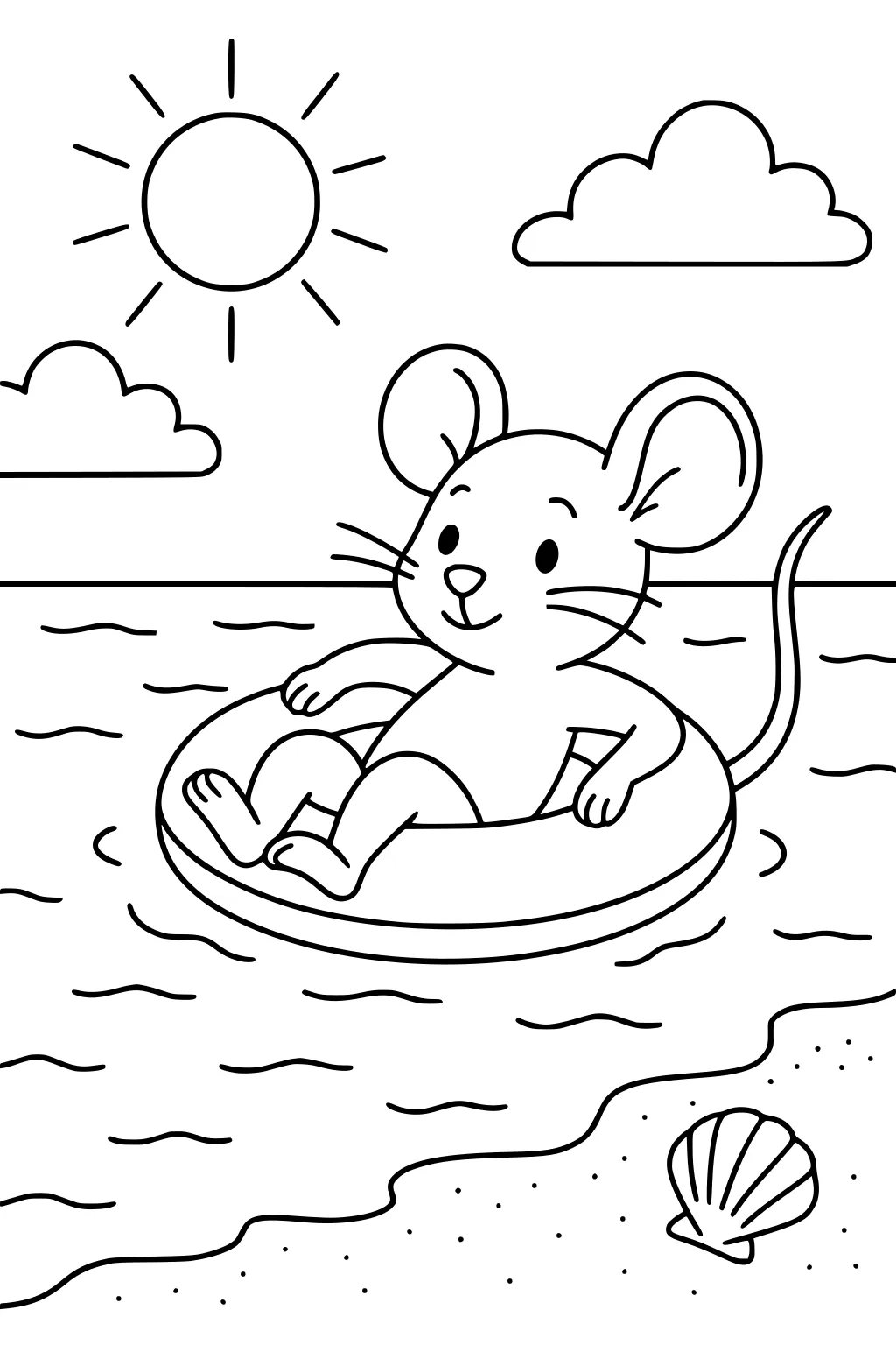 Mouse floating in a round pool ring on the beach, with waves, a seashell, sun, and clouds in the sky.