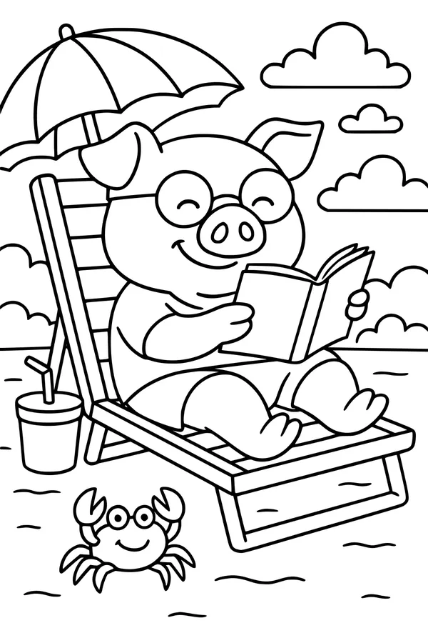 Free Pig Coloring Page - Beach Day Reading Under Umbrella (Printable PDF)
