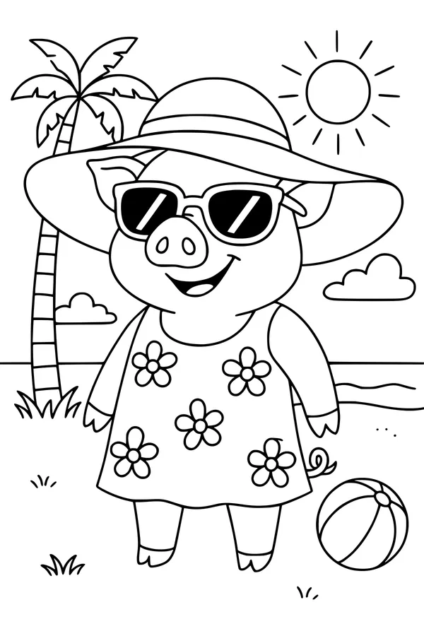 Free Piglet Coloring Page - Sunny Beach Vacation Scene (Printable PDF)