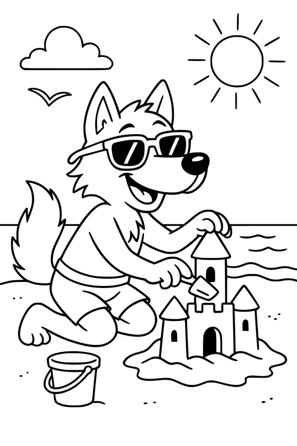 Free Wolf Coloring Page - Beach Day Sandcastle Builder (Printable PDF)
