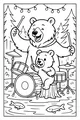 Free Bear Coloring Page - Papa Bear And Cub Drum Band By The Pond (Printable PDF)