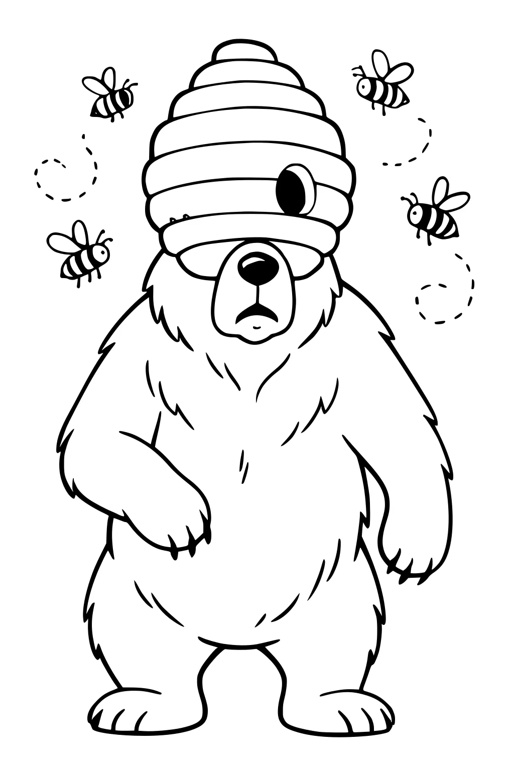 Bear with a beehive over its head, frowning, while three bees fly around.