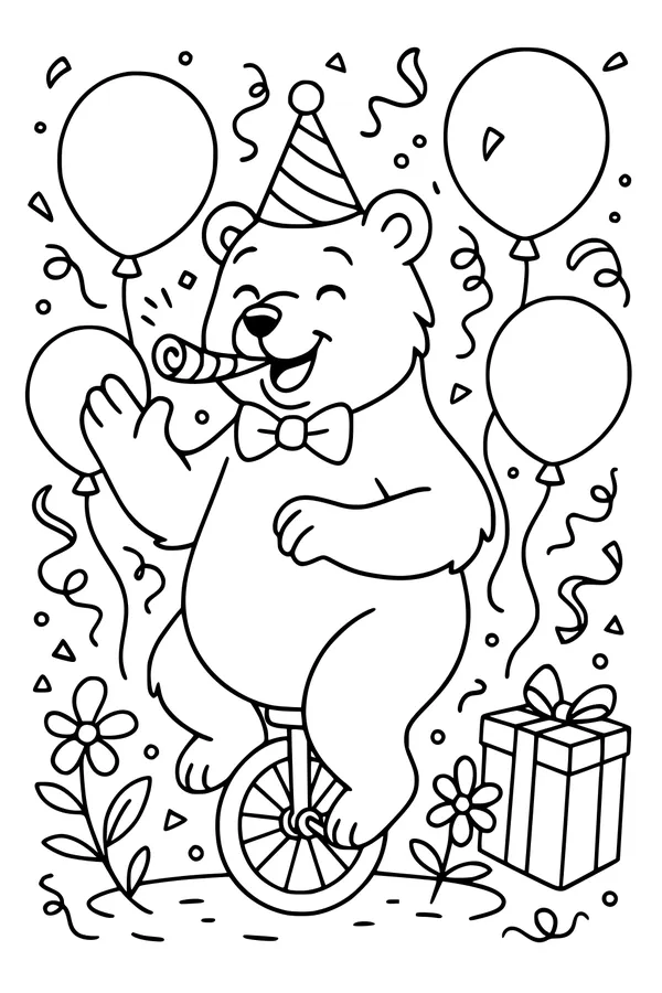 Free Bear Coloring Page - Birthday Unicycle Party Scene (Printable PDF)