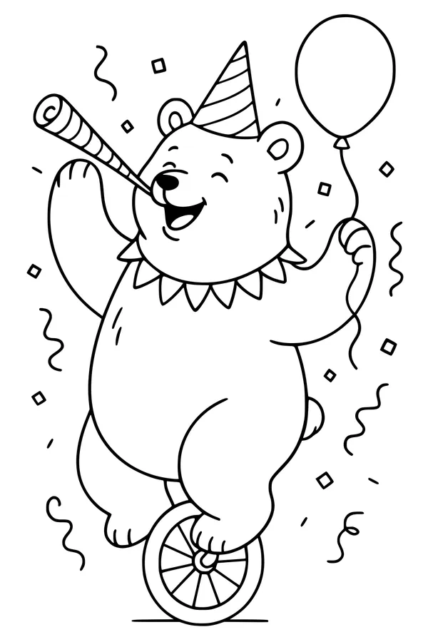 Free Bear Coloring Page - Birthday Circus Unicycle Fun (Printable PDF)